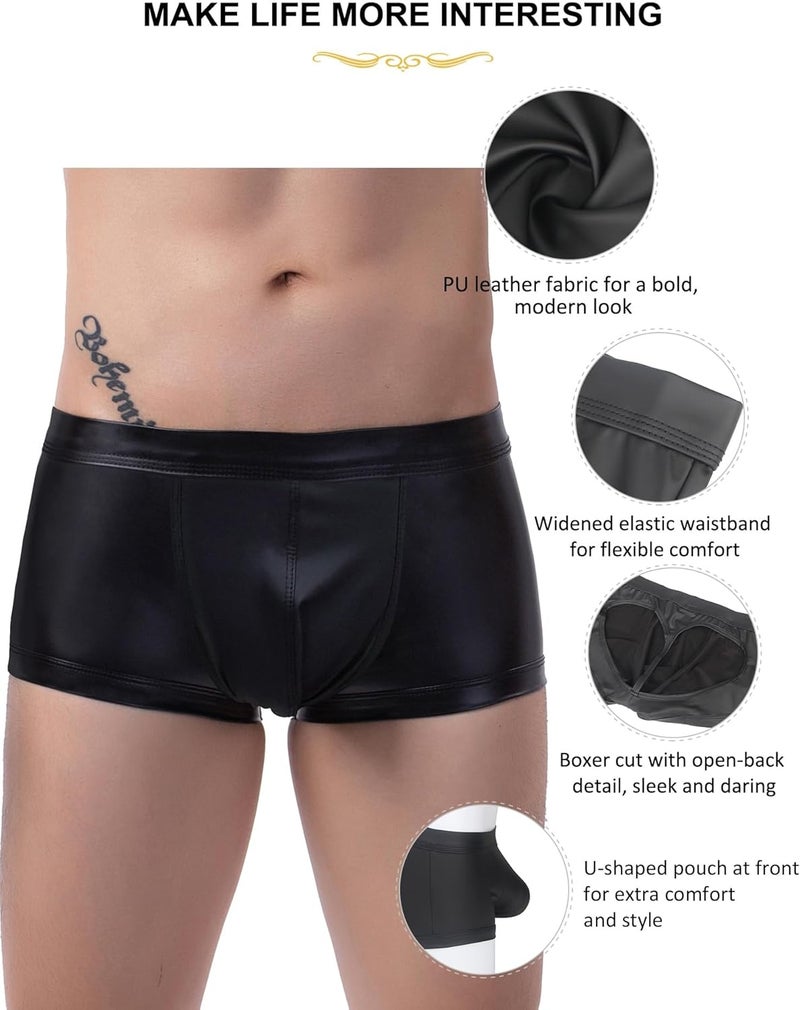 ohyeahlady Store Men's Faux Leather Boxer Briefs Black Soft Pouch Trunks Stretchy Plus Size Night Underwear Panties Club Wear - Image 5